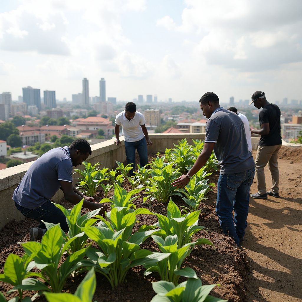 Nnipa a wɔreyɛ adwuma wɔ rooftop garden